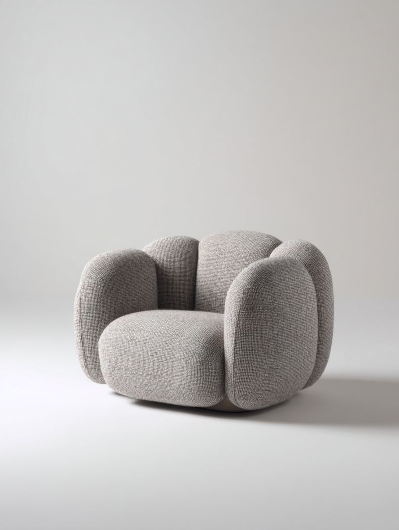 Grand fauteuil de salon au design rond en tissu gris clair