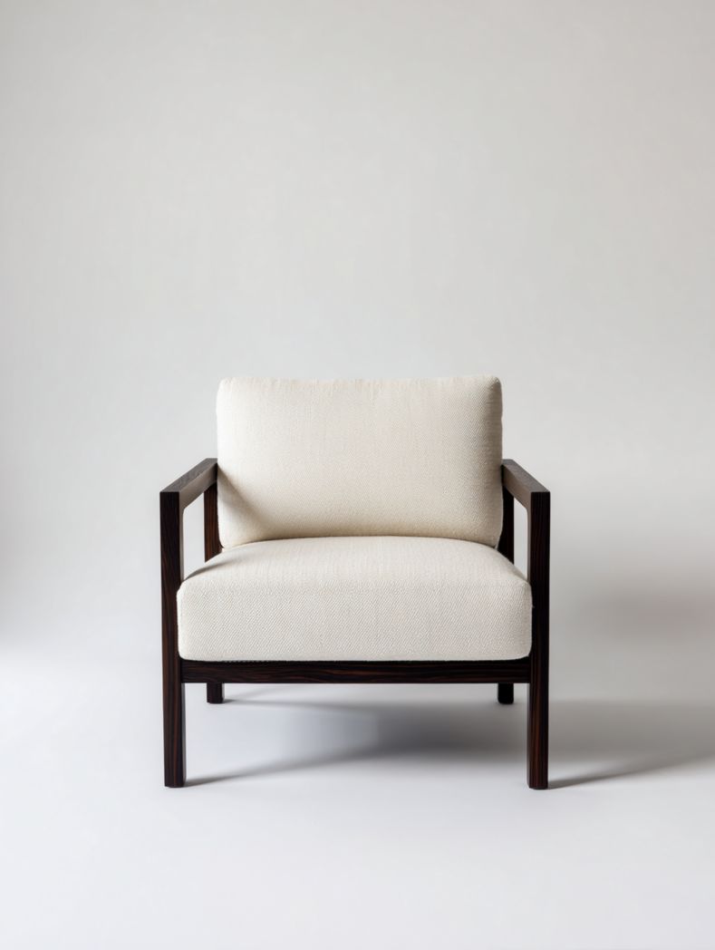 Chaise longue en bois marron foncé avec coussins en tissu blanc cassé