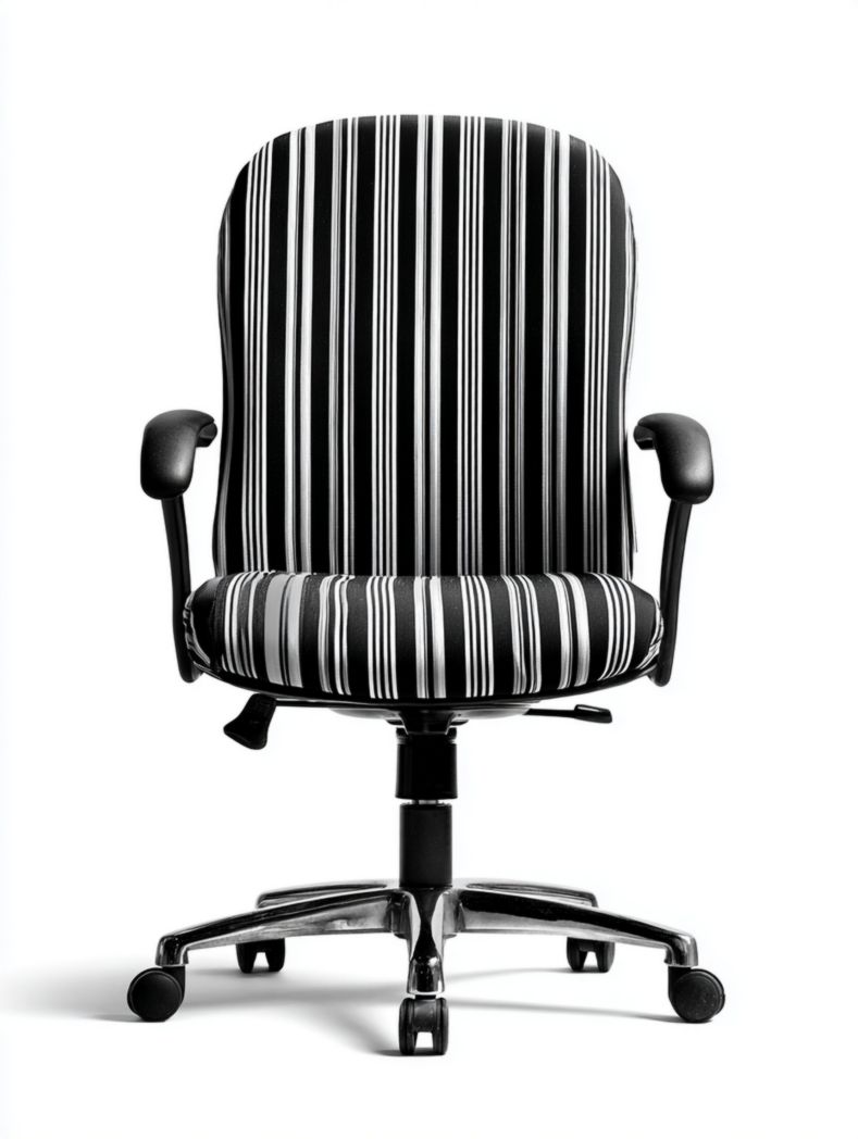 Chaise de bureau pivotante en tissu rayé noir et blanc avec base et accoudoirs en métal