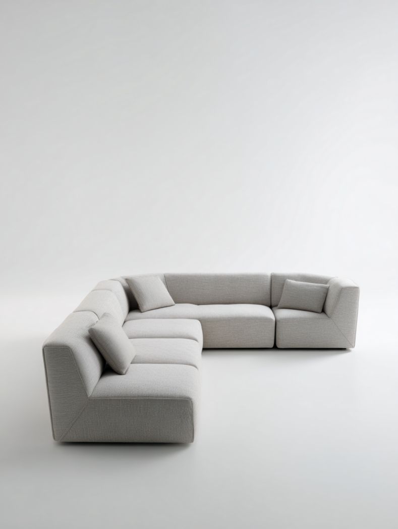 Canapé d'angle en tissu gris clair avec trois coussins et rembourrage en mousse haute densité