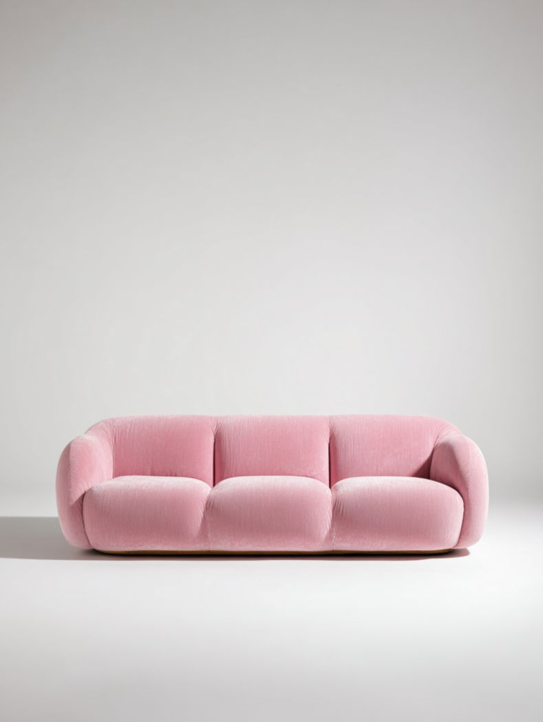 Canapé trois places en tissu rose à coins arrondis