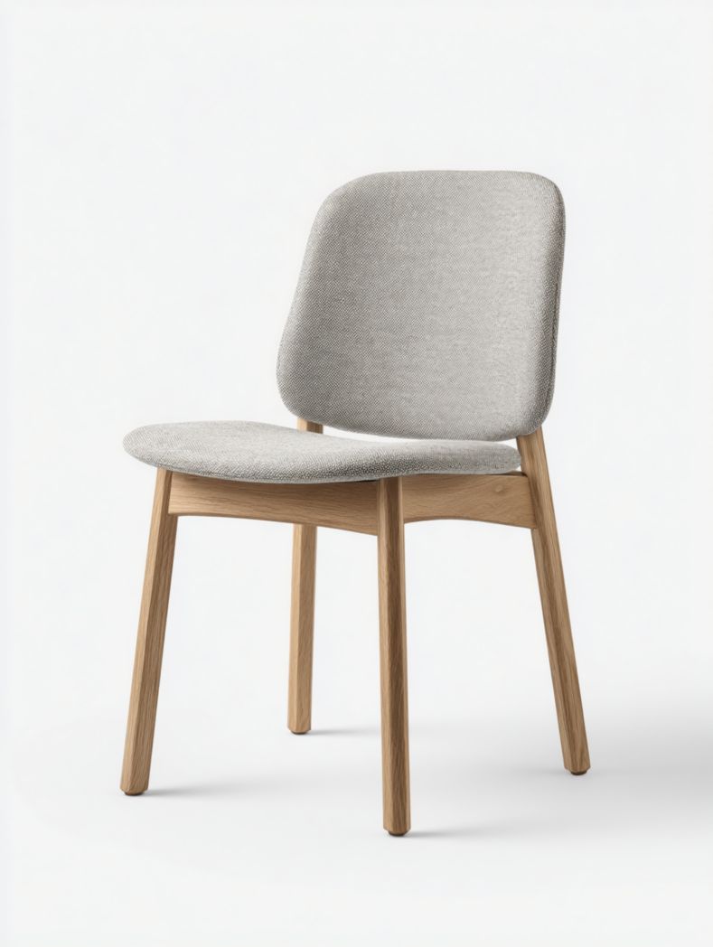 Chaise en bois massif avec dossier et assise en tissu gris clair