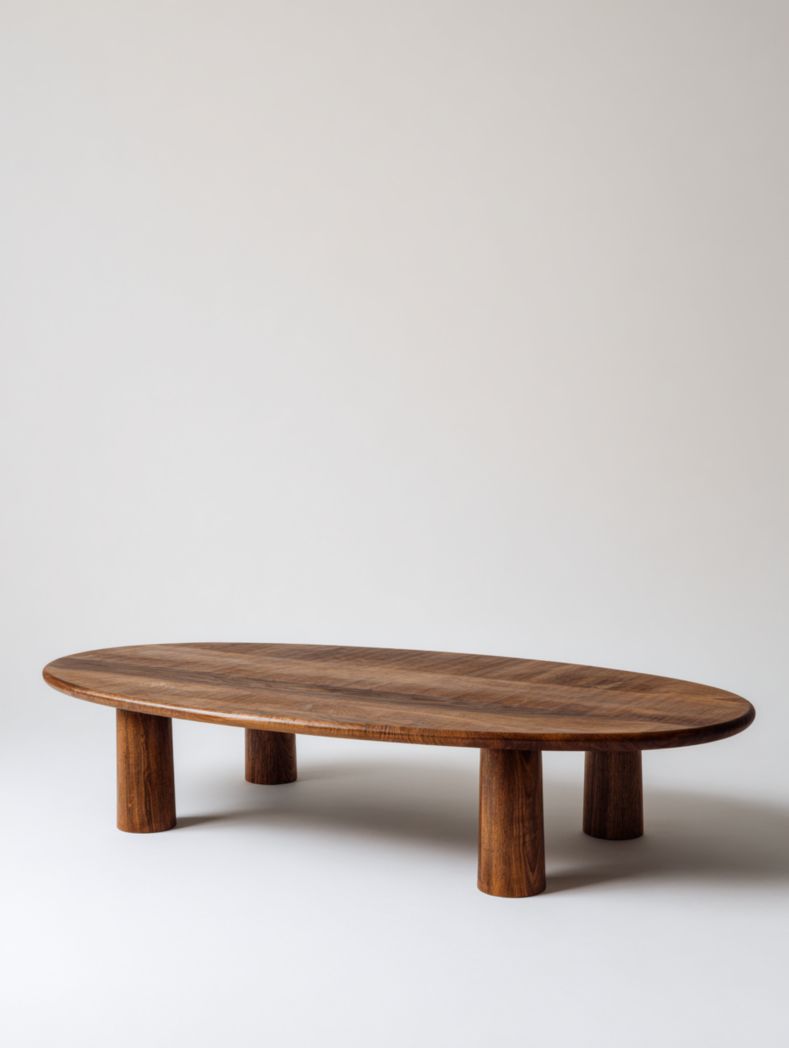 Table basse ovale en bois brun foncé avec pieds cylindriques