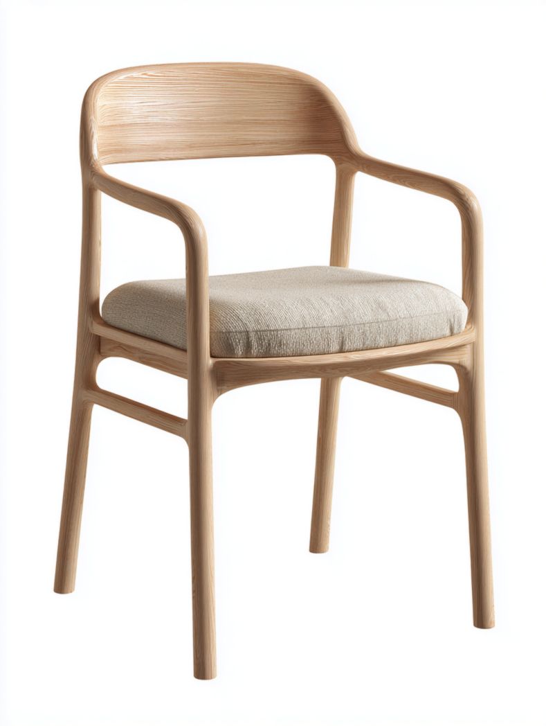 Chaise en bois massif avec accoudoirs et assise en tissu beige