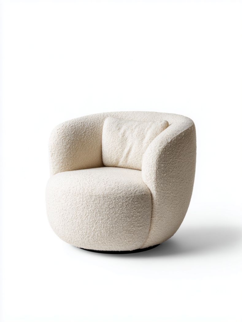 La chaise longue est fabriquée en tissu bouclé blanc cassé et dispose d'une base pivotante en métal noir et de coussins.