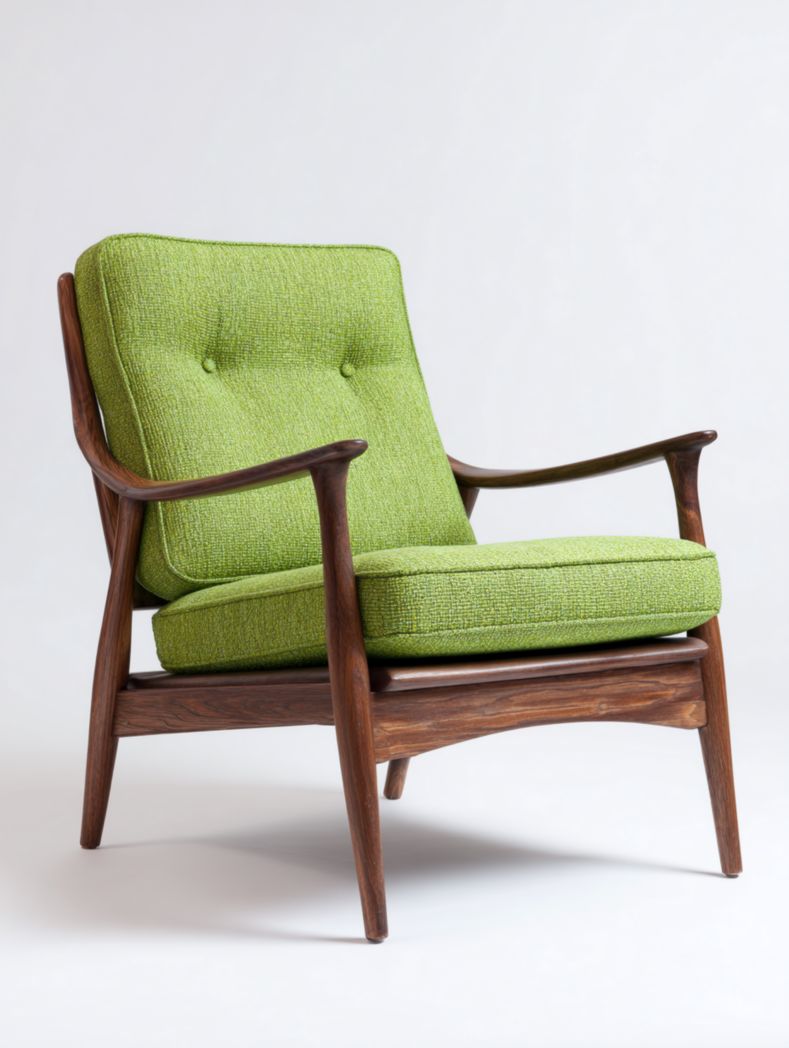 Chaise longue en bois marron foncé avec coussins en tissu vert