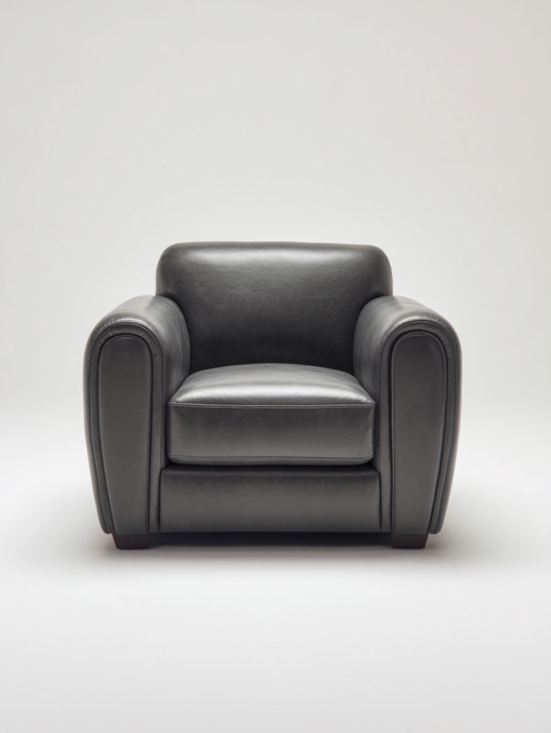 Grand fauteuil de salon en cuir noir avec base marron foncé