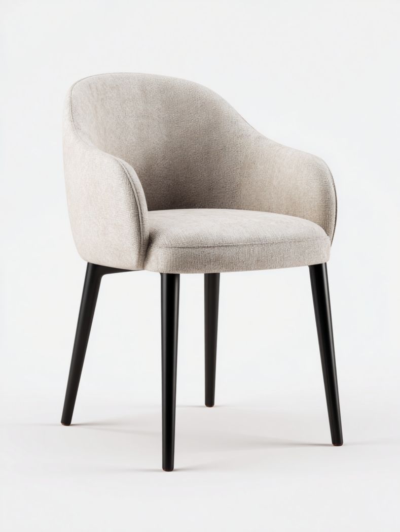 chaise avec accoudoirs en tissu beige et pieds noirs