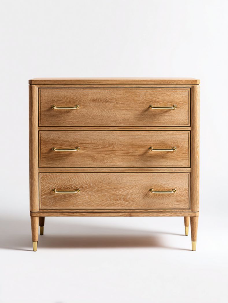 Commode marron clair à trois tiroirs avec poignées en métal