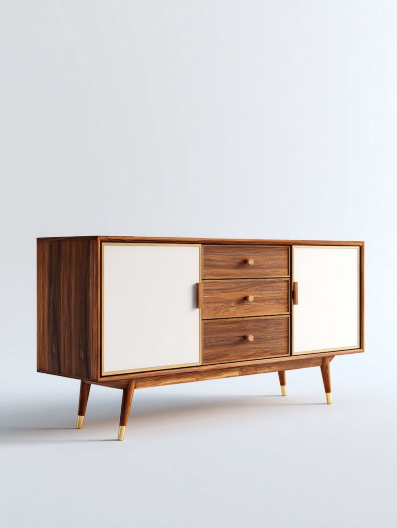 Buffet en bois massif marron foncé et blanc cassé, meuble de rangement avec trois tiroirs et deux portes