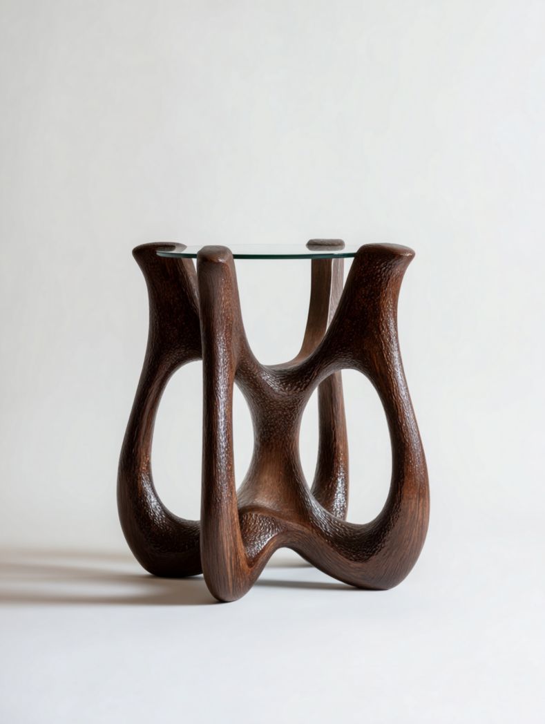 Table d'appoint en bois brun foncé avec plateau en verre trempé