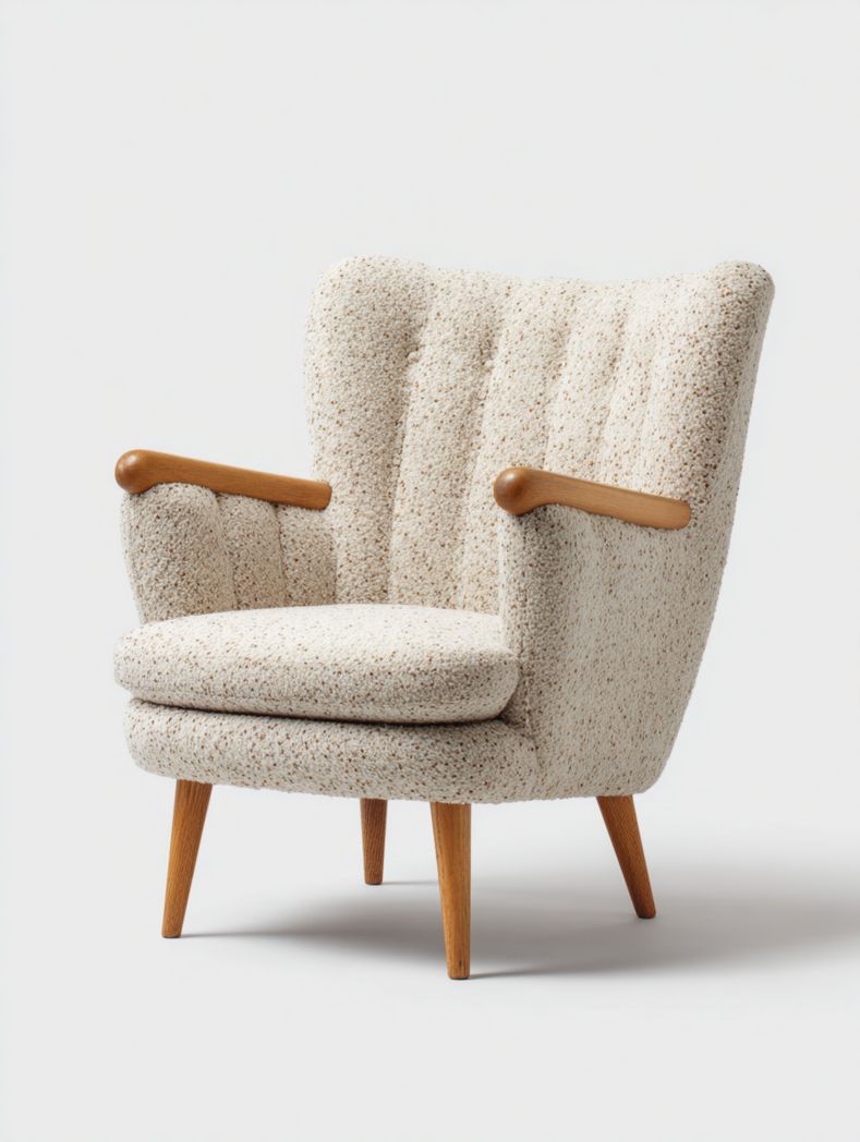 La chaise longue est en tissu bouclé blanc cassé avec des accoudoirs et des pieds en bois marron clair