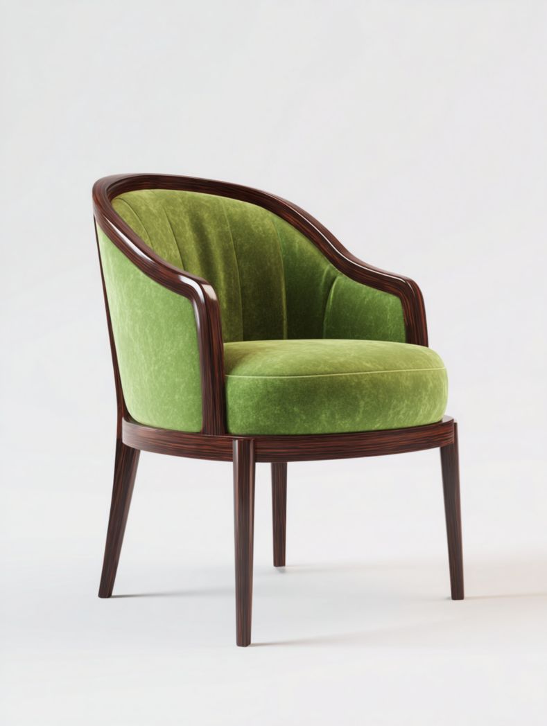 chaise avec accoudoirs en velours vert et cadre marron foncé