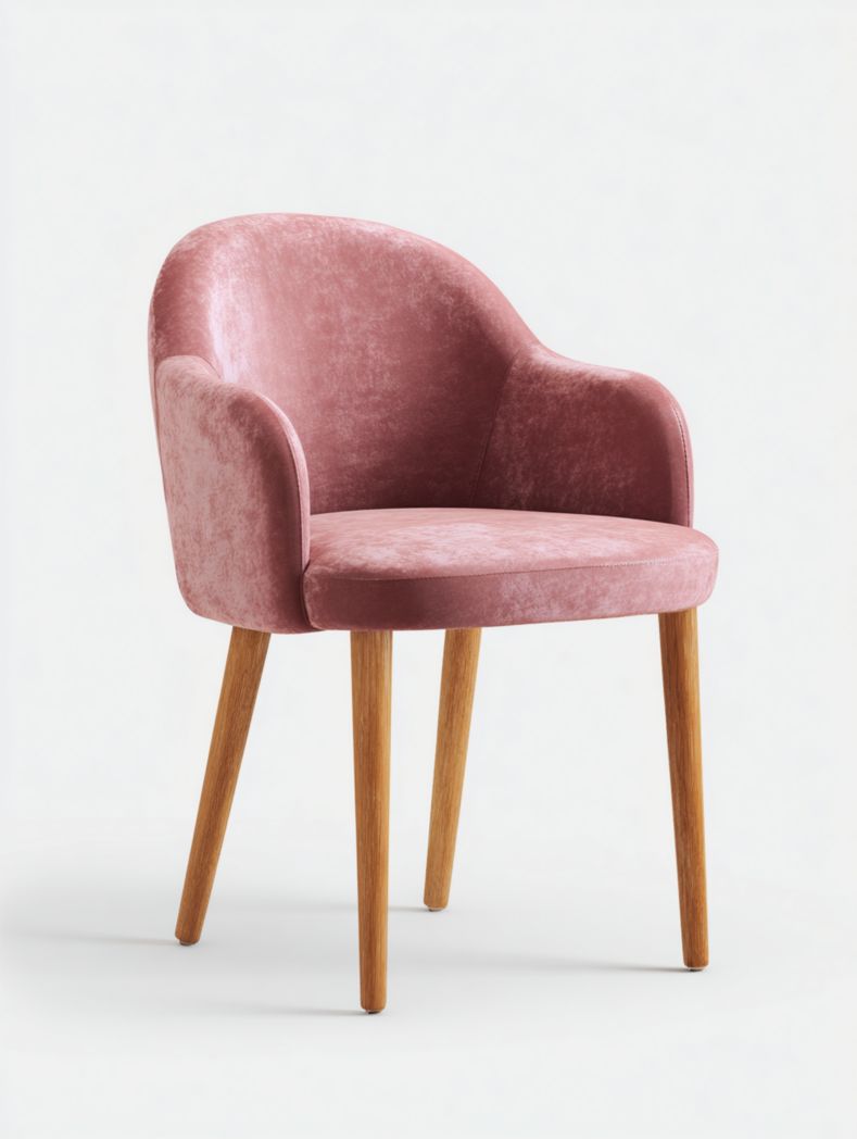 La chaise est dotée d'accoudoirs en velours rose et de pieds marron clair