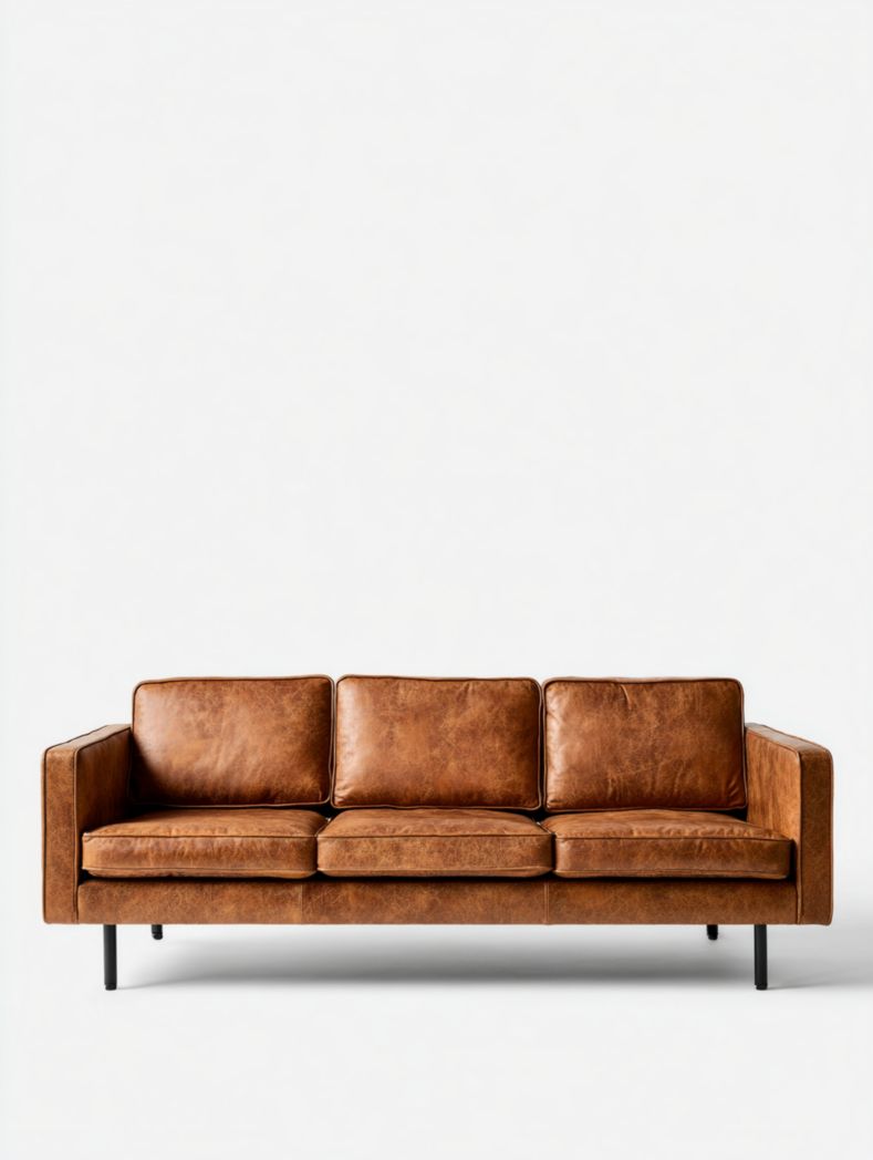 Canapé trois places en cuir marron avec coussins rectangulaires