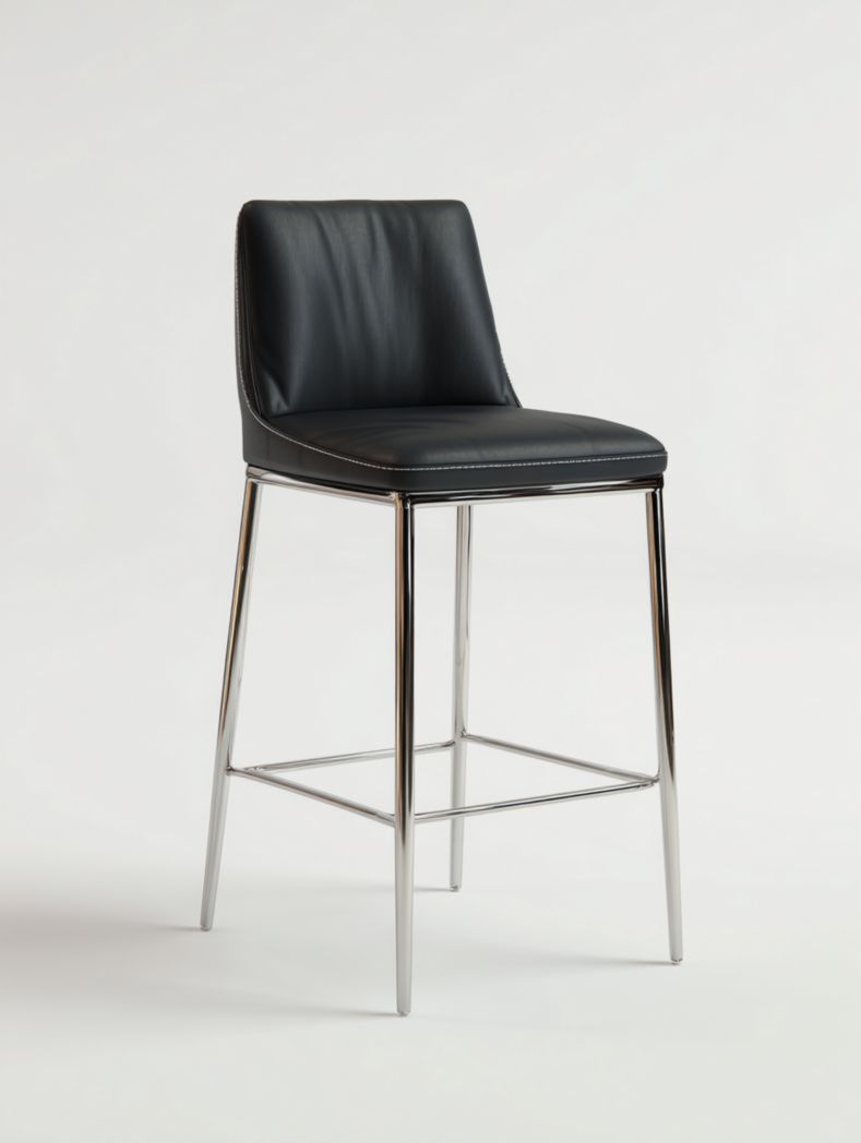 Tabouret de bar en similicuir noir avec structure en métal argenté