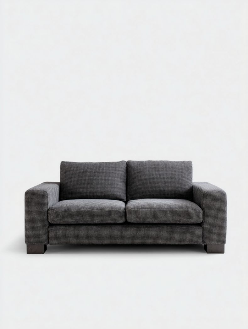 Canapé deux places en tissu gris foncé avec pieds en bois noir