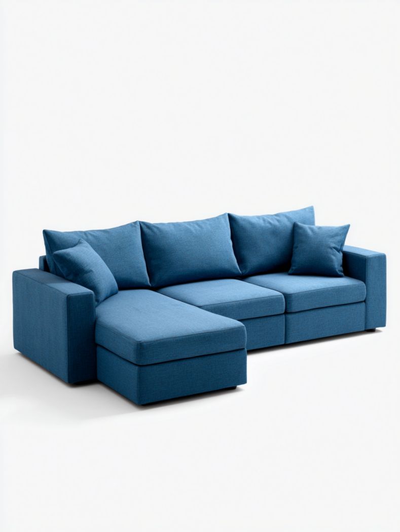 Canapé d'angle en tissu bleu avec deux coussins et rembourrage en mousse haute densité