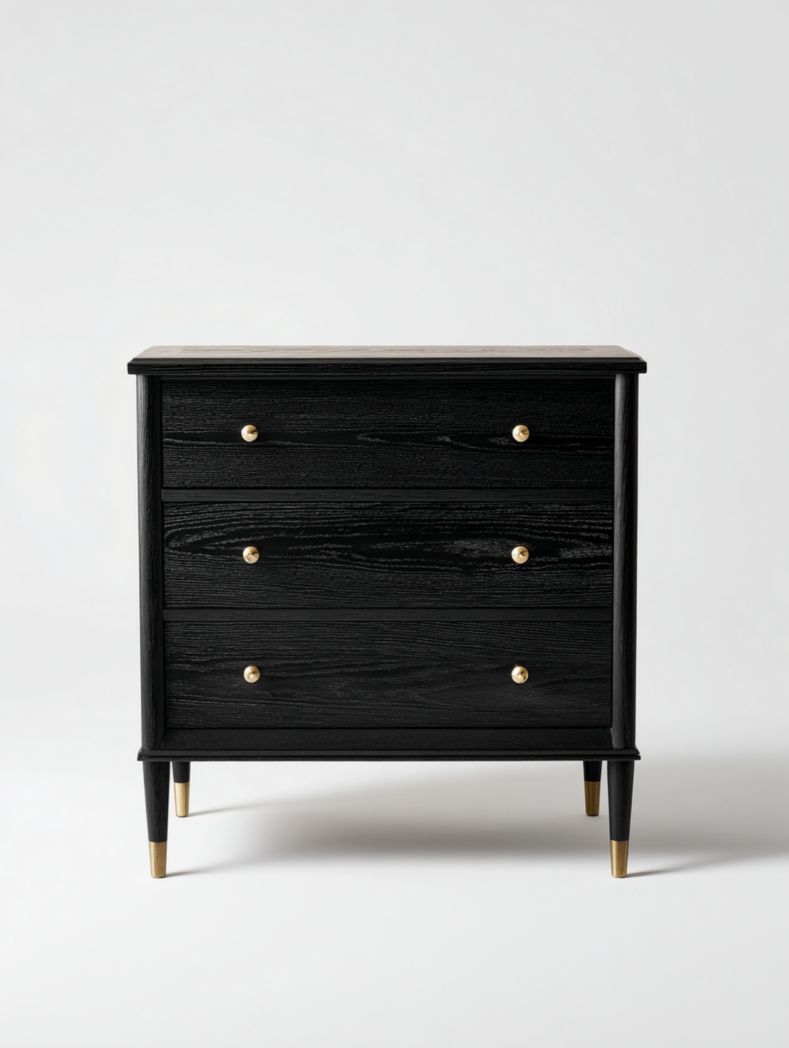 Commode à trois tiroirs en bois massif noir et doré