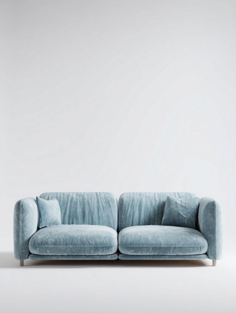 Canapé deux places en tissu bleu avec deux coussins et pieds en bois marron clair