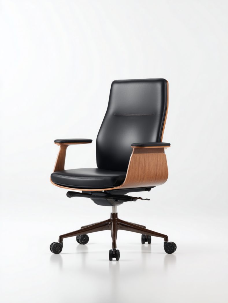 Chaise de bureau pivotante en similicuir, structure en bois et base en métal - Noir