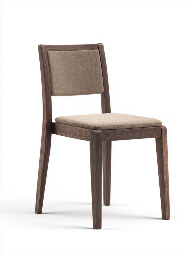 Chaise en bois massif marron avec assise et dossier en tissu marron clair