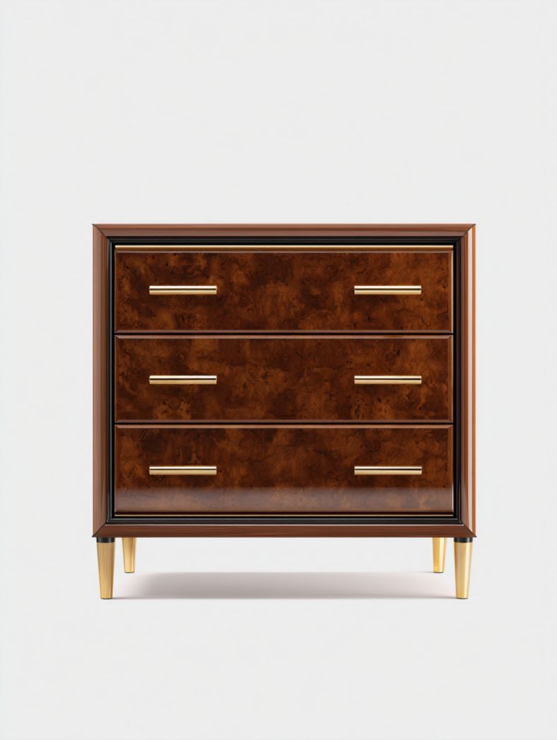 Commode à trois tiroirs en noyer poli avec pieds en métal