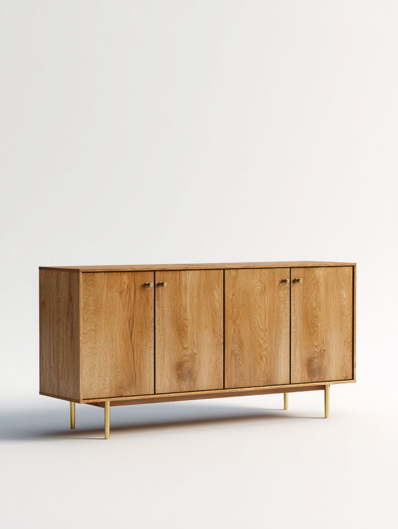 Meuble à manger à quatre portes en bois massif marron clair avec pieds en métal