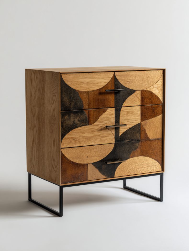 Commode géométrique à trois tiroirs avec pieds en métal