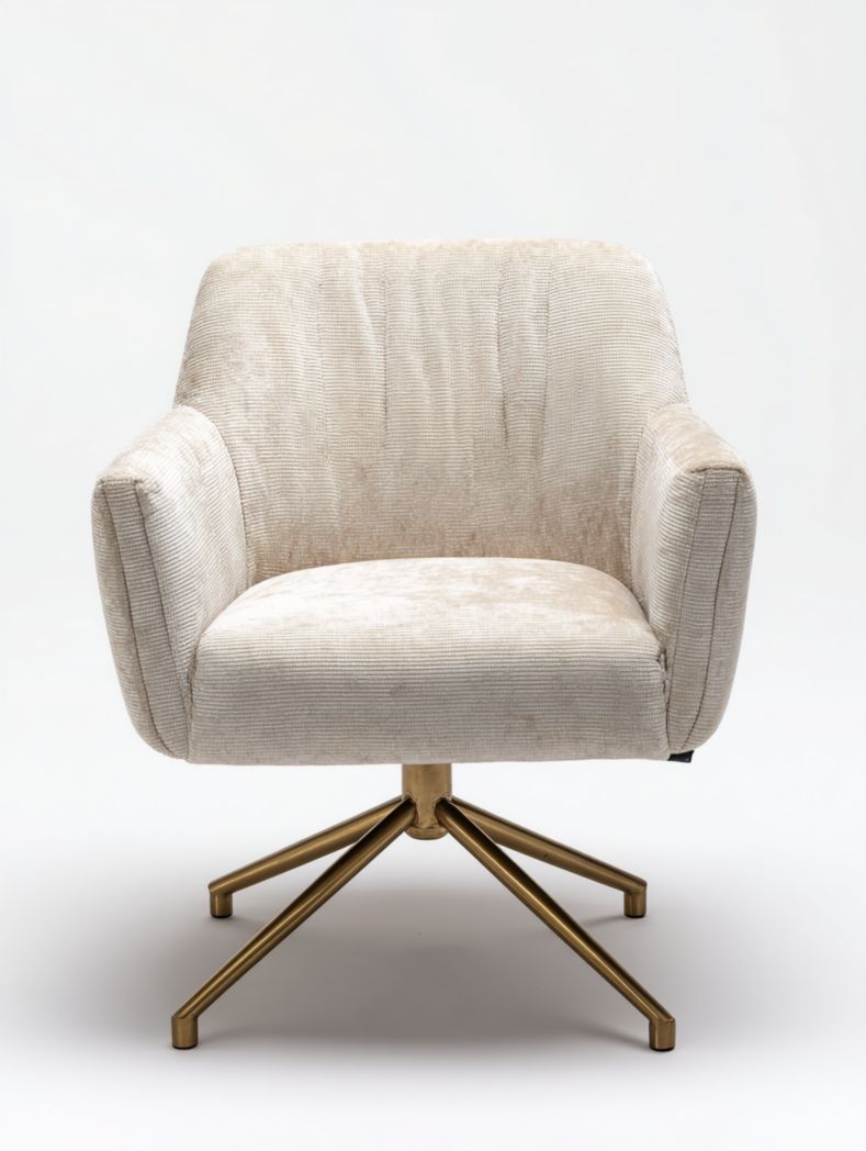 Chaise pivotante avec accoudoirs en tissu beige et base dorée