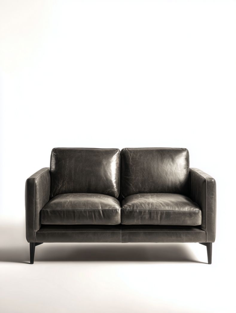 Causeuse en cuir gris foncé avec pieds en métal noir