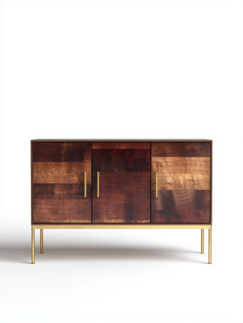 Meuble à manger à trois portes en bois massif marron foncé avec pieds en métal