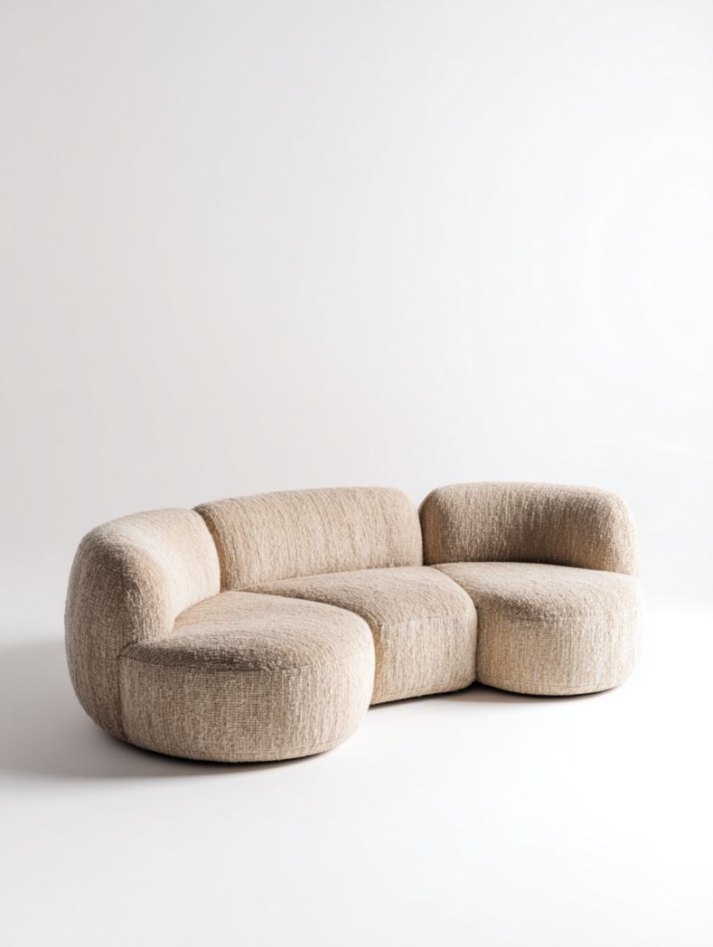 Canapé d'angle arrondi, tissu beige, rembourrage en mousse haute densité