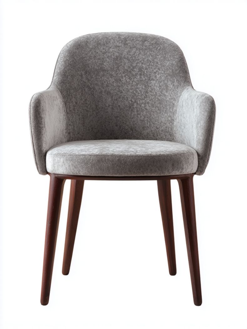 La chaise est dotée d'accoudoirs en velours gris et de pieds marron foncé