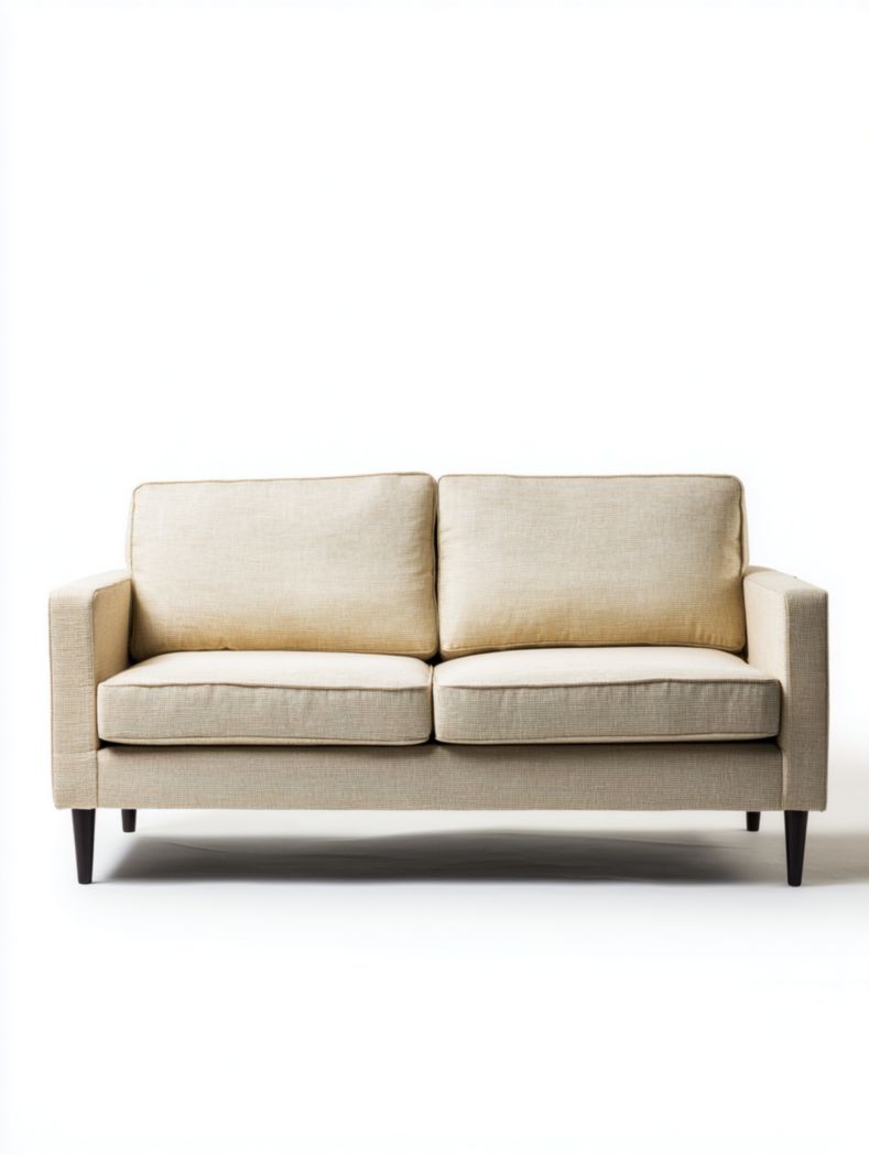 Canapé deux places en tissu beige avec pieds en bois noir