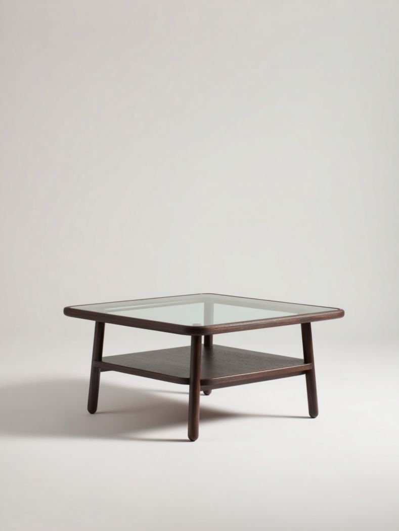 Table basse carrée en bois avec plateau en verre, marron foncé