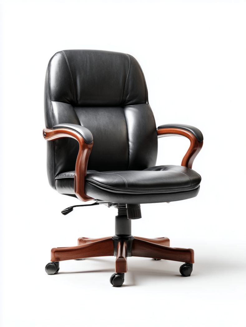 Chaise de bureau pivotante en similicuir avec accoudoirs et base en bois massif - Noir