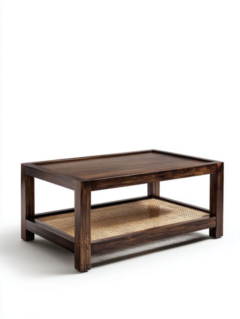 Table basse rectangulaire à deux niveaux en bois marron foncé avec étagères en rotin