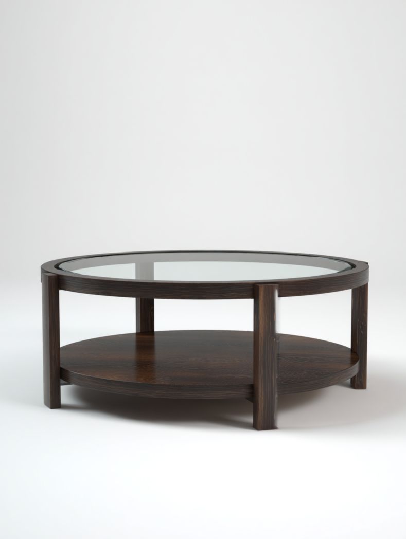 Table basse ronde à deux niveaux en bois brun foncé et verre trempé