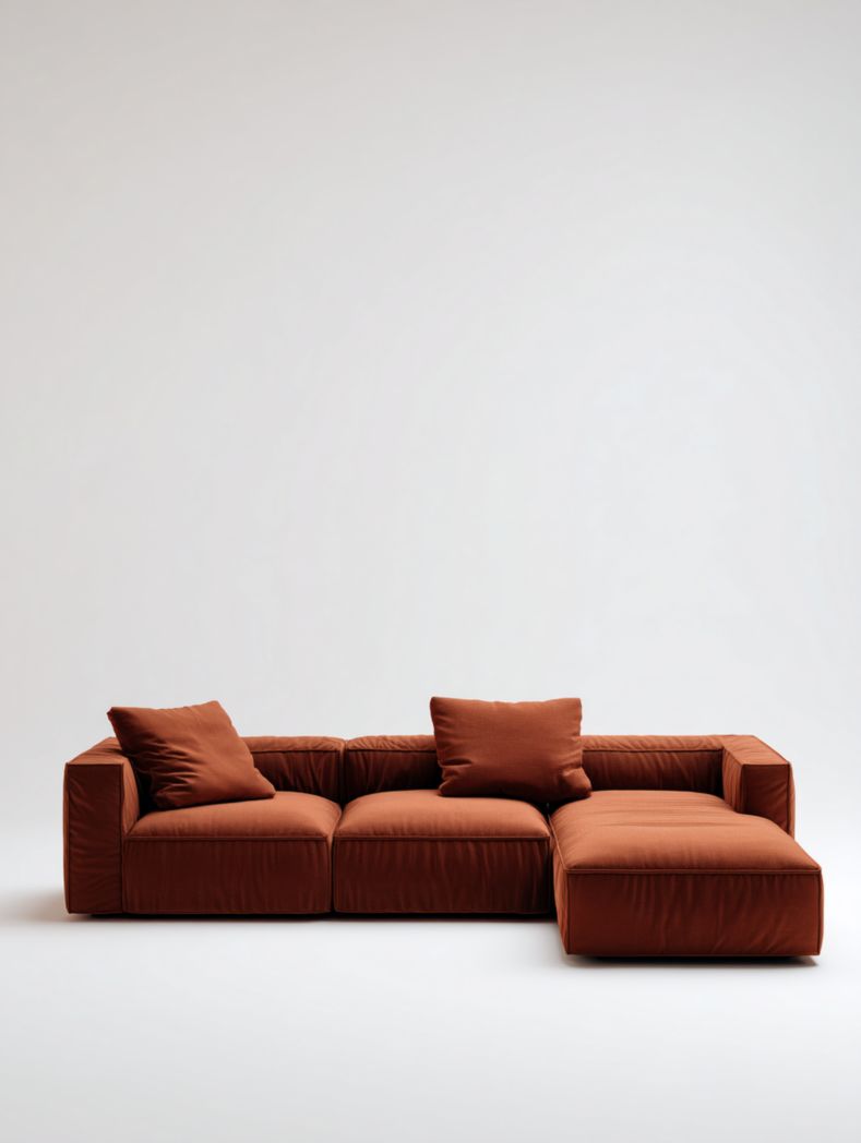 Canapé d'angle en tissu rouge rouille avec deux coussins et rembourrage en mousse haute densité