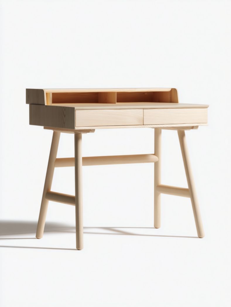 Bureau en bois massif avec deux tiroirs et étagères de rangement