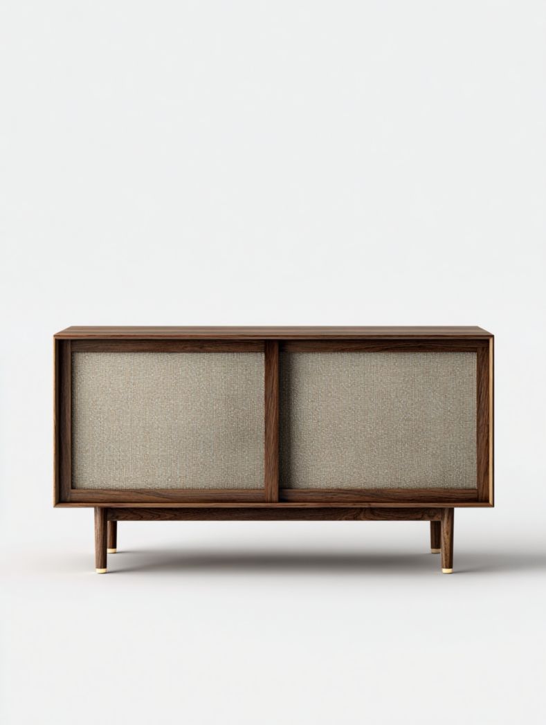 Buffet en bois massif marron foncé avec portes coulissantes en tissu texturé et pieds dorés