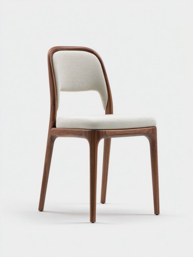 Chaise en bois massif marron café avec assise et dossier en tissu beige