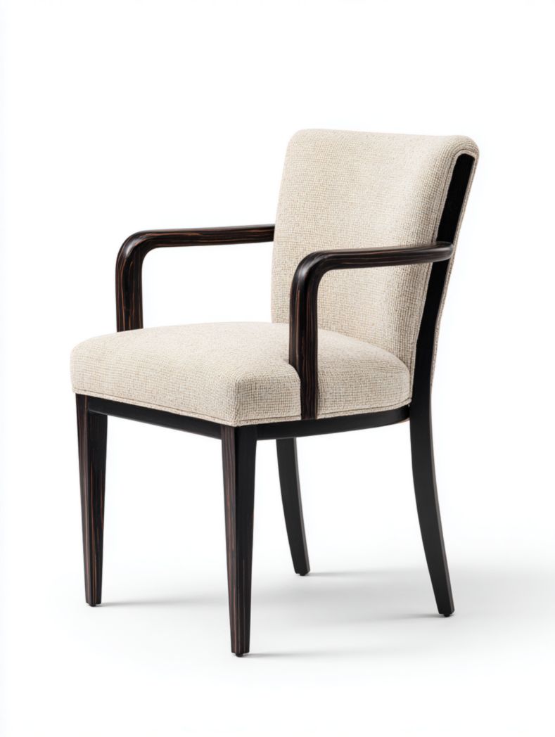 chaise en bois marron foncé avec assise et dossier en tissu beige