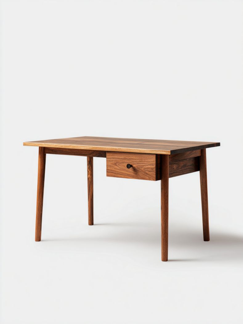 Table en bois massif avec un tiroir et poignées en métal