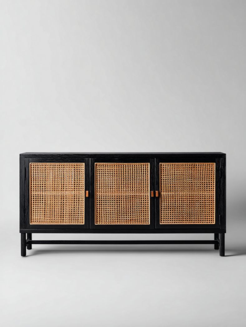 Buffet en bois noir avec trois portes en rotin tressé et poignées en métal laiton