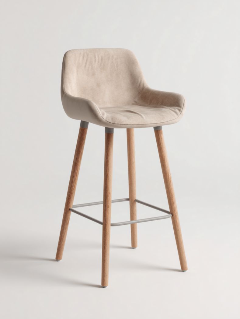 Tabouret de bar en tissu beige avec pieds en bois massif marron