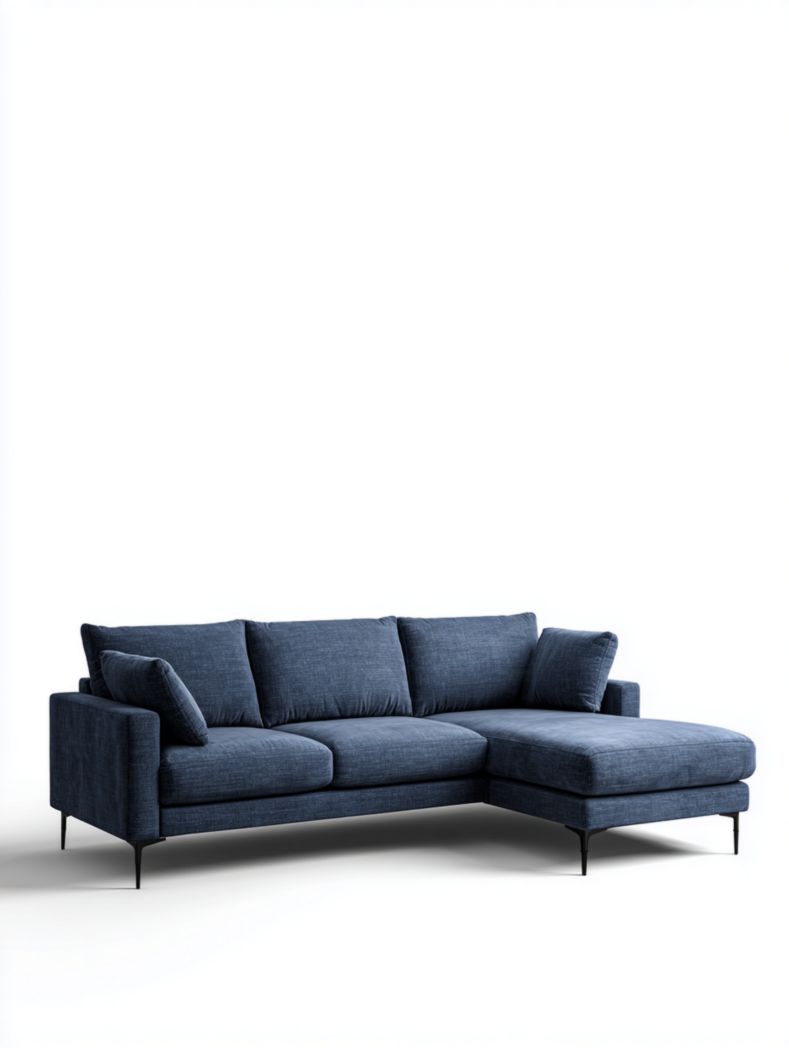 Canapé d'angle en tissu bleu foncé avec deux coussins et pieds en métal noir