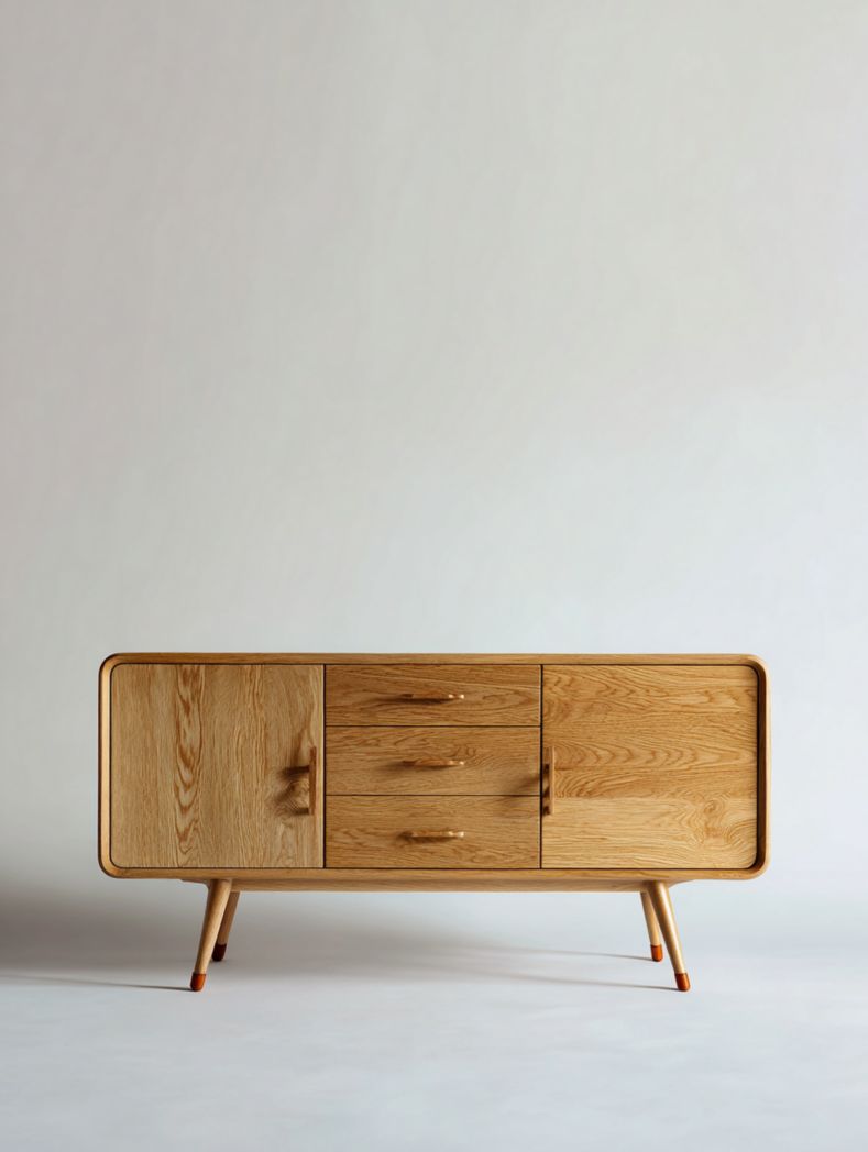 Meuble de salle à manger en bois massif marron clair, trois tiroirs, deux portes, meuble de rangement