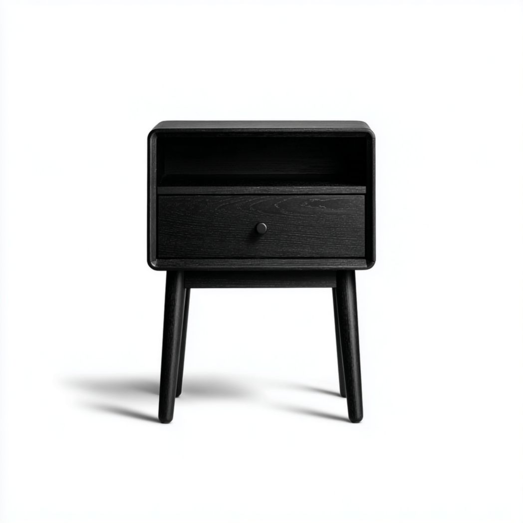 Table de chevet noire arrondie à un tiroir et niche ouverte